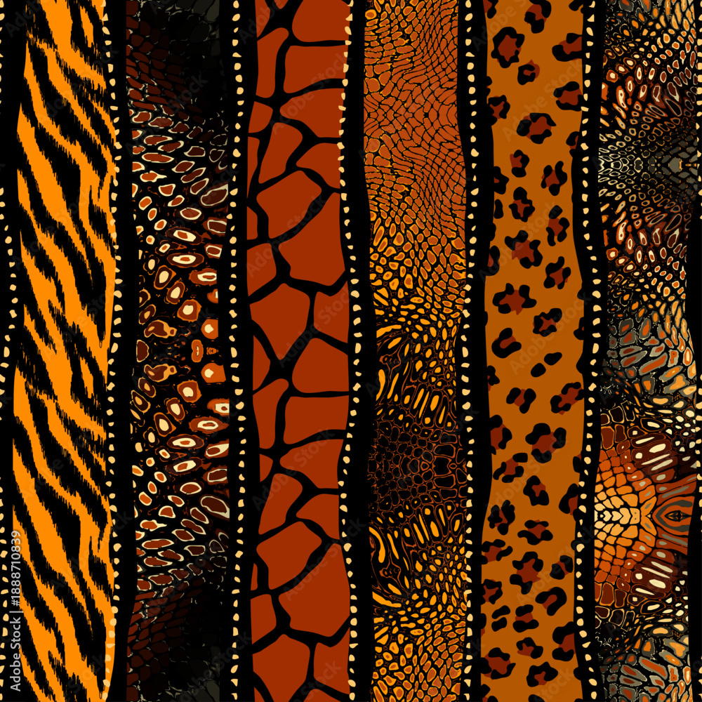 Fototapeta premium Wild safari animal seamless pattern. Vector leopard, cheetah, tiger, giraffe, zebra, snake skin textures in patchwork style for fashion print
