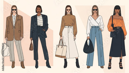 Diverse women showcase stylish outfits with accessories in a modern setting from a straightforward viewpoint.