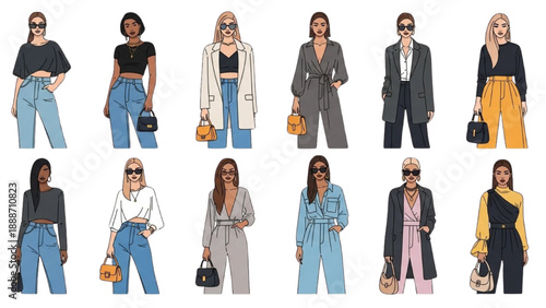 Diverse group of fashionable people posing with handbags in various outfits and styles