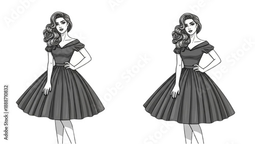 Fashionable woman in dress standing with hands on hips viewed from different angles