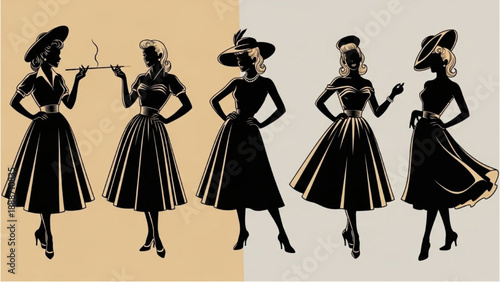 Fashionable women in vintage dresses and hats standing in various poses on a split background
