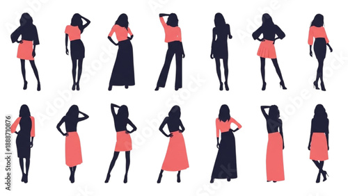 Collection of silhouetted women posing in various dresses and outfits from different viewpoints