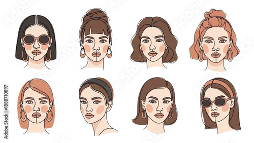 Diverse Female Portraits Collection Featuring Various Hairstyles and Accessories in a Grid Layout
