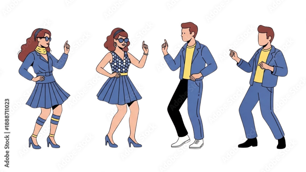 Fototapeta premium Illustration of four people wearing blue outfits taking selfies together