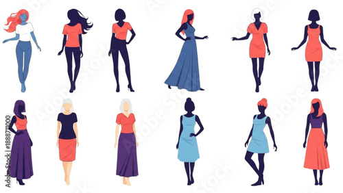 Diverse female silhouettes in various dresses and poses, showcasing fashion styles and elegance in a minimalist illustration.