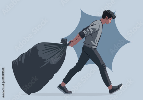 Man Dragging Large Black Garbage Bag Illustration