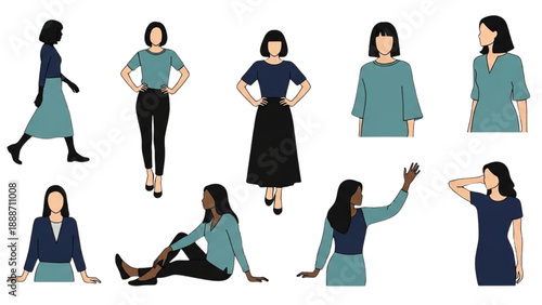 Illustration of diverse women in various poses and clothing styles showcasing fashion and lifestyle