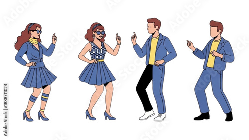 Illustration of four people wearing blue outfits taking selfies together