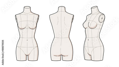 Fashion design template illustration featuring female mannequin from multiple angles