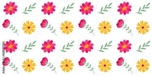 Seamless floral pattern. Flowers  and  twigs on white background. Botanical pattern. Design for greeting cards, posters, decorations, wrapping paper, textile. Flat cartoon style.Vector illustration.