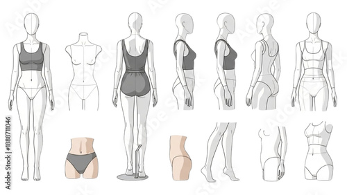 Fashion design illustration set featuring various female mannequins and clothing items from multiple viewpoints