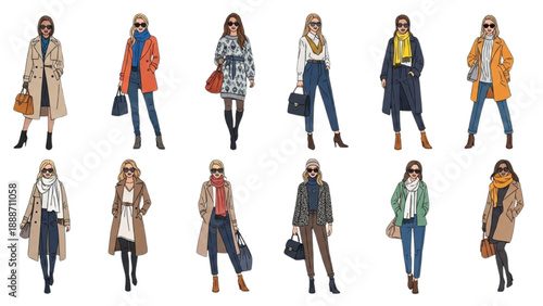 Fashionable Women Walking in Various Outfits and Accessories from a Front Viewpoint