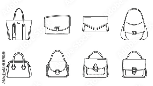Collection of elegant handbags displayed in a grid on a clean white background from a straightforward viewpoint