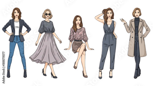 Fashionable women posing in various stylish outfits and confident poses, showcasing modern clothing and accessories.