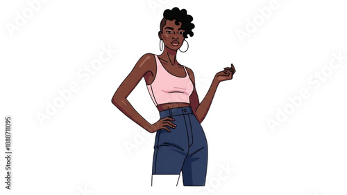 Young woman in casual attire posing confidently with one hand on hip and the other gesturing freely in a relaxed illustration