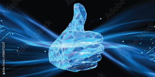 A 3d human hand concept loops through the dark blue sky like motion energy of plasma and x-ray light for a science power design