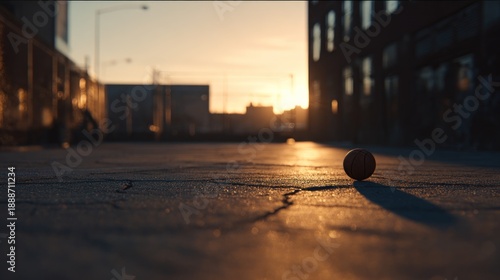 Basketball on urban pavement at sunset