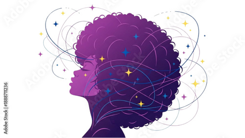 Illustration of a person's head with stars and swirling lines, symbolizing creativity and imagination from a side view