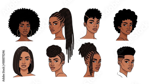 Diverse hairstyles of young adults with varying textures and styles showcased in a modern digital illustration