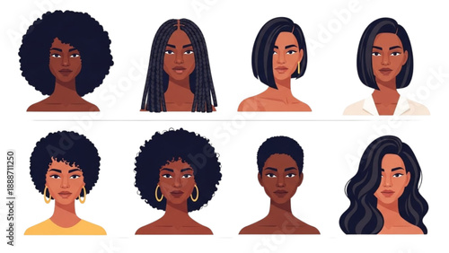 Diverse Women Portraits Illustration Featuring Various Hair Styles and Ethnicities