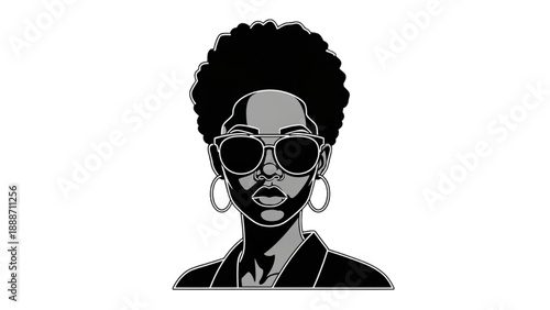 Illustration of a confident woman wearing sunglasses and hoop earrings standing