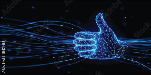 A glowing blue neon hand illustration pulses with digital energy and motion against a dark space wallpaper backdrop, symbolizing a high-tech social network concept for the modern world