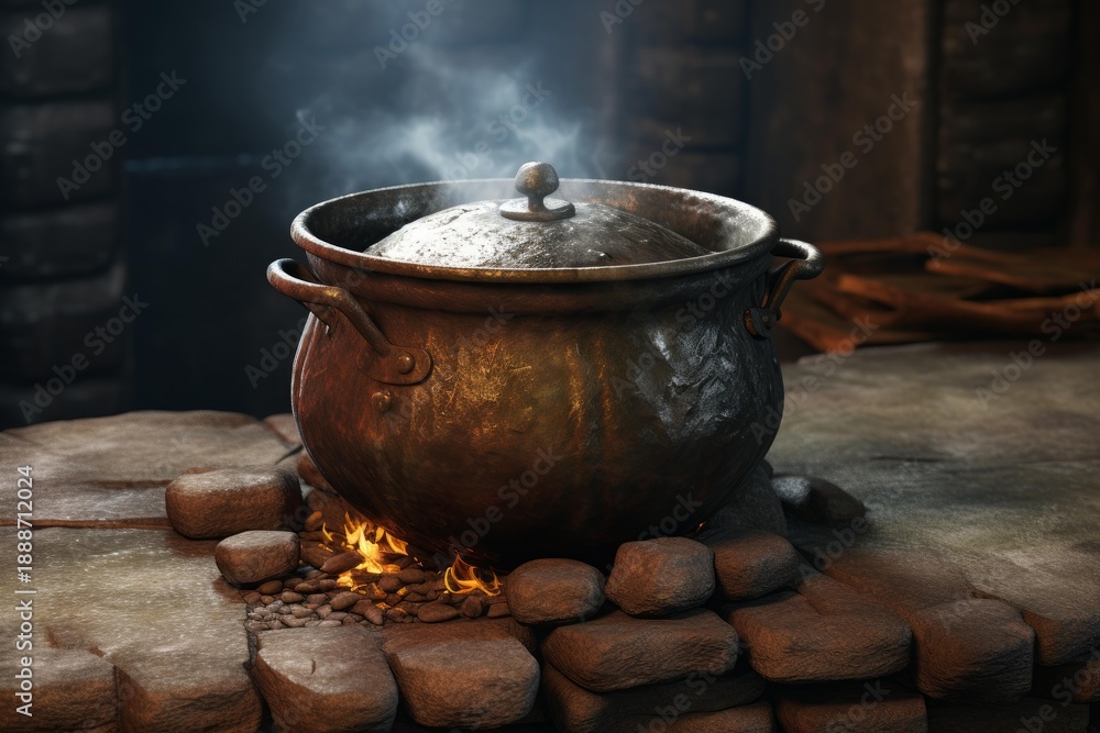 Fototapeta premium Copper pot simmering on a hearth in a medieval kitchen, steam rising from the covered pot