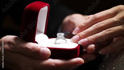 Close-up of Hands Holding an Engagement Ring Box with Sparkling Diamond Ring
