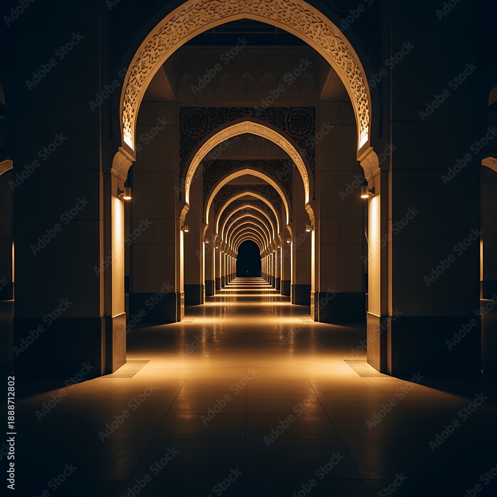 Fototapeta premium Elegant Archway Corridor with Warm Lighting in Architectural Style