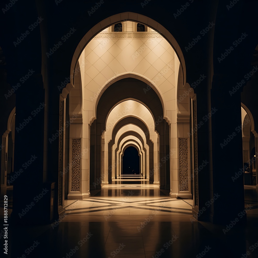 Fototapeta premium Elegant Archway Corridor in Warm Lighting with Repetitive Arches and Intricate Details
