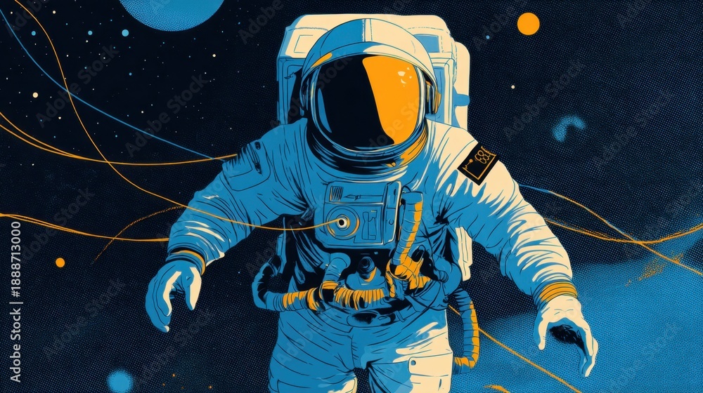 Fototapeta premium Man in a blue spacesuit is depicted floating in space. The painting is a colorful and vibrant representation of an astronaut in a blue spacesuit, surrounded by a blue and orange background