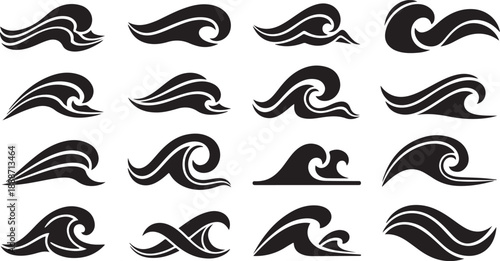 Collection of black wave icons on white background