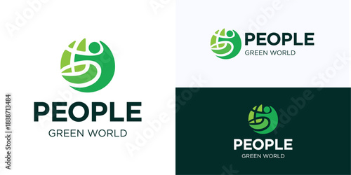 Circle green earth with people concept for sustainability global, Logo icon design vector illustration, circular symbol happy human sign integrated with world sphere or globe for brand identity