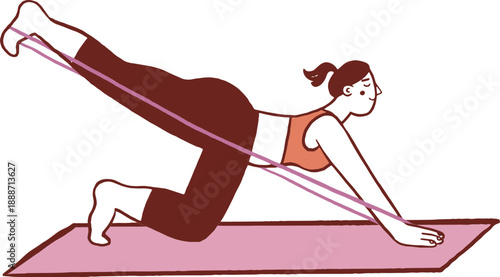 A woman practicing Pilates. Resistance band exercise for the legs. Hand drawn illustration.