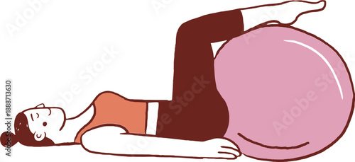 A woman practicing Pilates. Core exercise with a Pilates ball. Hand drawn illustration.