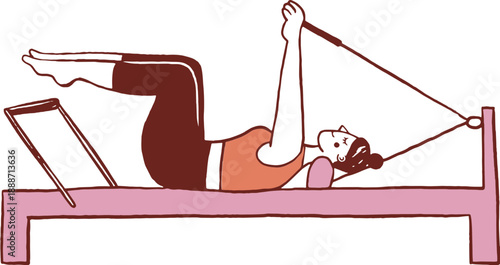 A woman practicing Pilates. Core exercise on a Pilates reformer. Hand drawn illustration.