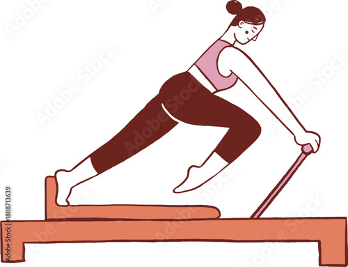 A woman practicing Pilates. Controlled lunge exercise on a reformer. Hand drawn illustration.