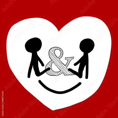 A quiet conversation beetween two people. Red background with silhouette of two people inside heart-shaped room.