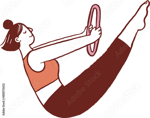 A woman practicing Pilates. Core exercise using a Pilates ring. Hand drawn illustration.