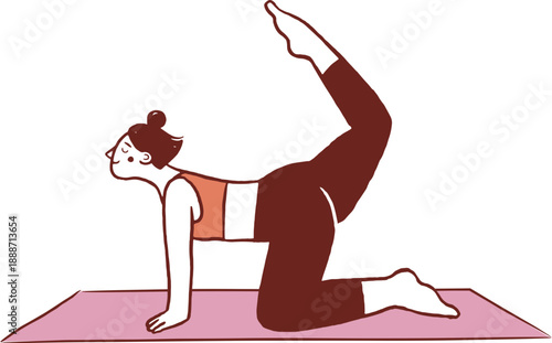 A woman practicing Pilates. Quadruped leg lift balance exercise. Hand drawn illustration.