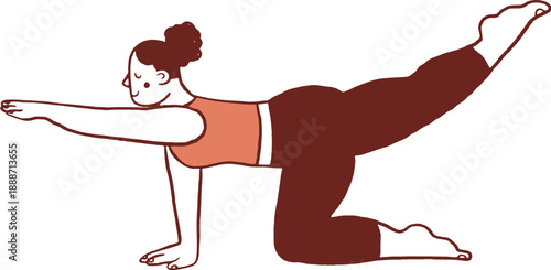A woman practicing Pilates. Balance exercise using arms and legs. Hand drawn illustration.