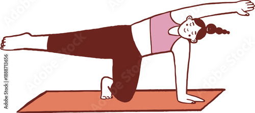 A woman practicing Pilates. Side plank balance exercise. Hand drawn illustration.