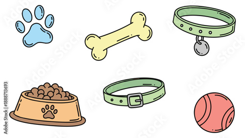 Hand Drawn Doodle Pet Care Elements – Paw, Bone, Bowl Flat Vector Set