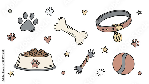 Hand Drawn Doodle Pet Care Elements – Paw, Bone, Bowl Flat Vector Set