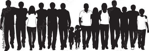 Diverse group of people walking together in unity silhouette