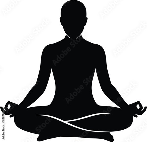 Black silhouette of a person sitting in a lotus pose practicing meditation for mindfulness, inner peace, yoga, and wellness. Ideal for health and zen-related themes.