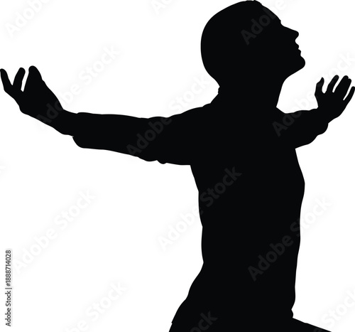 Black silhouette of hopeful man standing with open outstretched arms looking up representing spiritual worship freedom success and praising god religious beliefs.