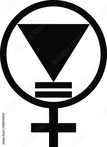 Black occult alchemical symbol featuring inverted triangle inside circle with cross representing esoteric mysticism, feminist power and ancient magic belief concept.