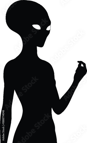 Black silhouette side profile of alien creature with large head and raised hand representing extraterrestrial communication mystery and sci-fi space invader concept.