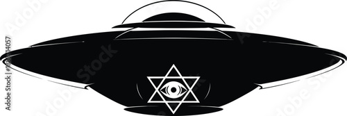 Black silhouette of sci-fi ufo spaceship featuring star of david and all seeing eye symbol representing alien conspiracy theory and raelian movement religious art.